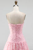 Pink Strapless A-Line Beaded Short Cute Graduation Dress with 3D Flowers