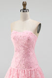 Pink Strapless A-Line Beaded Short Cute Graduation Dress with 3D Flowers