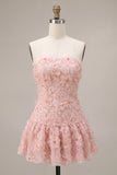 Pink Strapless A-Line Beaded Short Cute Graduation Dress with 3D Flowers