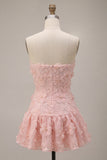 Pink Strapless A-Line Beaded Short Cute Graduation Dress with 3D Flowers