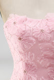 Pink Strapless A-Line Beaded Short Cute Graduation Dress with 3D Flowers