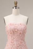 Pink Strapless A-Line Beaded Short Cute Graduation Dress with 3D Flowers