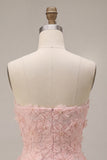 Pink Strapless A-Line Beaded Short Cute Graduation Dress with 3D Flowers
