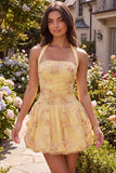 Halter A-Line Yellow Floral Embroidered Short Graduation Dress
