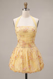 Halter A-Line Yellow Floral Embroidered Short Graduation Dress