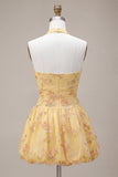 Halter A-Line Yellow Floral Embroidered Short Graduation Dress