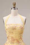 Halter A-Line Yellow Floral Embroidered Short Graduation Dress