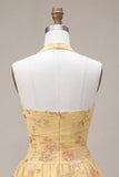 Halter A-Line Yellow Floral Embroidered Short Graduation Dress