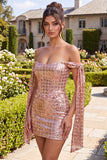 Sparkly Pink Off the Shoulder Bodycon Mini Cocktail Dress with Sequins
