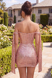 Sparkly Pink Off the Shoulder Bodycon Mini Cocktail Dress with Sequins