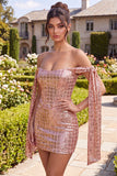 Sparkly Pink Off the Shoulder Bodycon Mini Cocktail Dress with Sequins