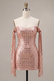 Sparkly Pink Off the Shoulder Bodycon Mini Cocktail Dress with Sequins