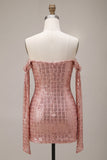 Sparkly Pink Off the Shoulder Bodycon Mini Cocktail Dress with Sequins
