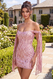 Sparkly Pink Off the Shoulder Bodycon Mini Cocktail Dress with Sequins