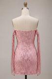 Sparkly Pink Off the Shoulder Bodycon Mini Cocktail Dress with Sequins