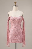 Sparkly Pink Off the Shoulder Bodycon Mini Cocktail Dress with Sequins