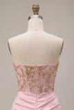 Strapless Pink Beaded Bodycon Ruched Graduation Dress