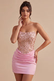 Strapless Pink Beaded Bodycon Ruched Graduation Dress