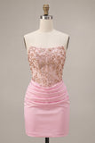 Strapless Pink Beaded Bodycon Ruched Graduation Dress