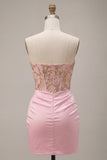 Strapless Pink Beaded Bodycon Ruched Graduation Dress