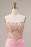 Strapless Pink Beaded Bodycon Ruched Graduation Dress