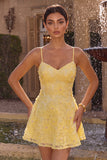 Yellow Beaded A-Line Spaghetti Straps Floral Short Graduation Dress