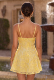 Yellow Beaded A-Line Spaghetti Straps Floral Short Graduation Dress