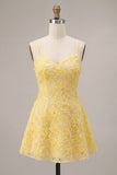 Yellow Beaded A-Line Spaghetti Straps Floral Short Graduation Dress