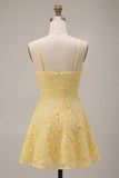 Yellow Beaded A-Line Spaghetti Straps Floral Short Graduation Dress