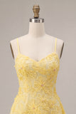 Yellow Beaded A-Line Spaghetti Straps Floral Short Graduation Dress