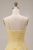 Yellow Beaded A-Line Spaghetti Straps Floral Short Graduation Dress