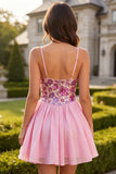 Pink A-Line Spaghetti Straps Cute Short Party Dress with Sequins