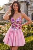 Pink A-Line Spaghetti Straps Cute Short Party Dress with Sequins