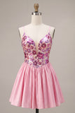 Pink A-Line Spaghetti Straps Cute Short Party Dress with Sequins