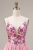 Pink A-Line Spaghetti Straps Cute Short Party Dress with Sequins