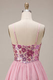 Pink A-Line Spaghetti Straps Cute Short Party Dress with Sequins