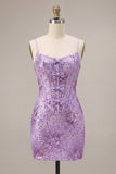 Spqrkly Purple Bodycon Corset Sequin Party Dress with Bows