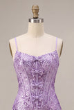 Spqrkly Purple Bodycon Corset Sequin Party Dress with Bows