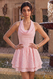 Halter Pink A-Line Ruffled Mini Cocktail Dress