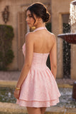 Halter Pink A-Line Ruffled Mini Cocktail Dress