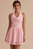 Halter Pink A-Line Ruffled Mini Cocktail Dress