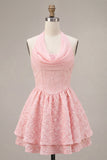 Halter Pink A-Line Ruffled Mini Cocktail Dress