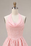 Halter Pink A-Line Ruffled Mini Cocktail Dress
