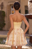Strapless Light Yellow A-Line Embroidered Graduation Dress