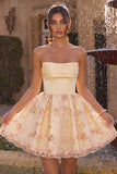 Strapless Light Yellow A-Line Embroidered Graduation Dress