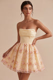 Strapless Light Yellow A-Line Embroidered Graduation Dress