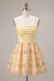 Strapless Light Yellow A-Line Embroidered Graduation Dress
