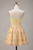 Strapless Light Yellow A-Line Embroidered Graduation Dress