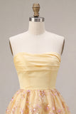 Strapless Light Yellow A-Line Embroidered Graduation Dress