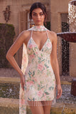 Sparkly White Pink Flower Bodycon Sequins Cocktail Dress with Fringes